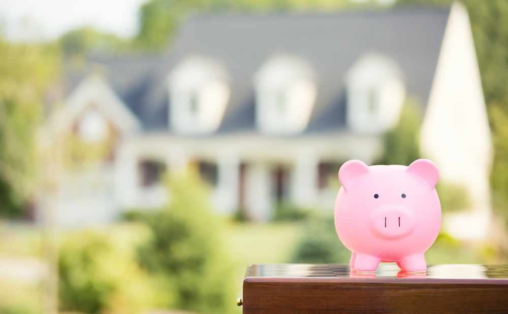Piggy bank isolated outside home on background